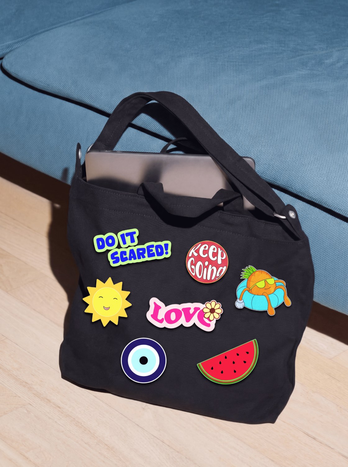 Sticker series tote bag, black
